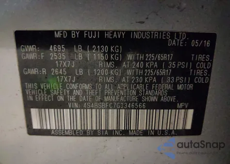 2016 Subaru Outback 2.5I Premium z USA, uszkodzony, nr VIN 4S4BSBFC7G3346566